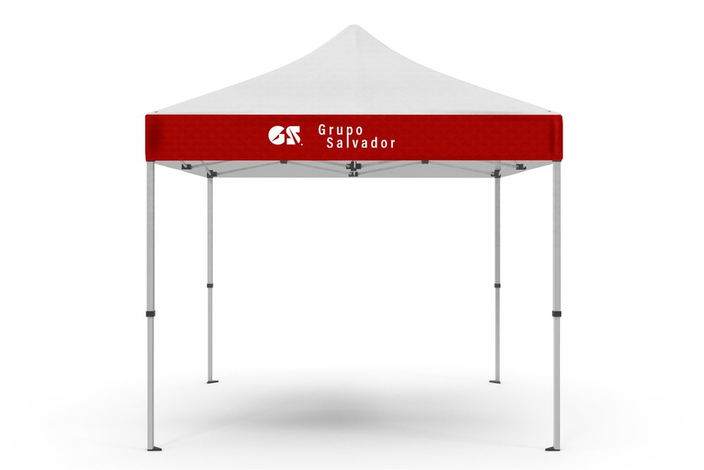 Carpa plegable con la marca de Grupo Salvador impresa en el faldón