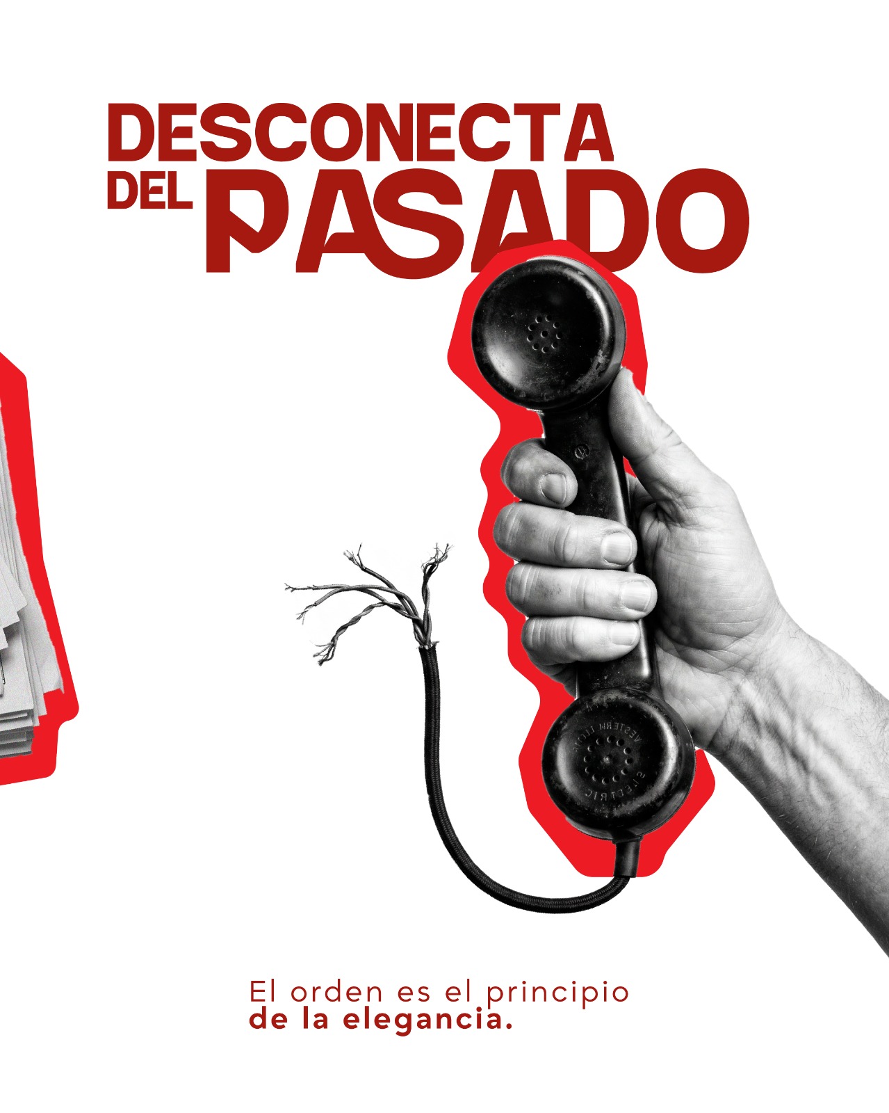 Flyer «Desconecta del pasado» con una mano sosteniendo un teléfono antiguo de cable cortado