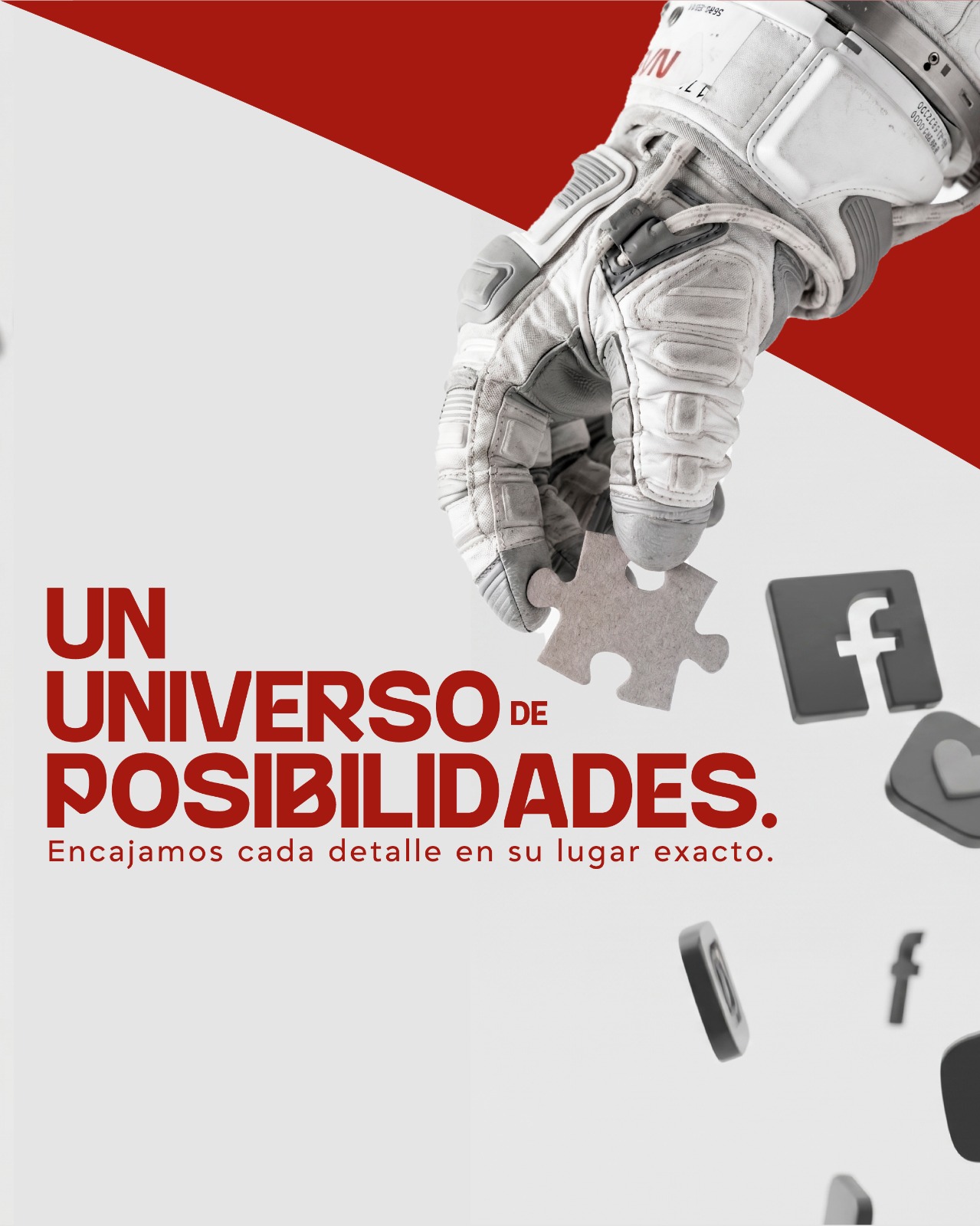 Flyer «Un universo de posibilidades» con un guante de astronauta encajando una pieza de rompecabezas